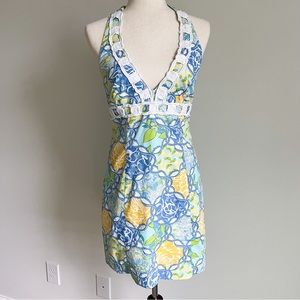 Lilly Pulitzer Shake It Up Lemon and Monkey Halter Dress Blue White Yellow